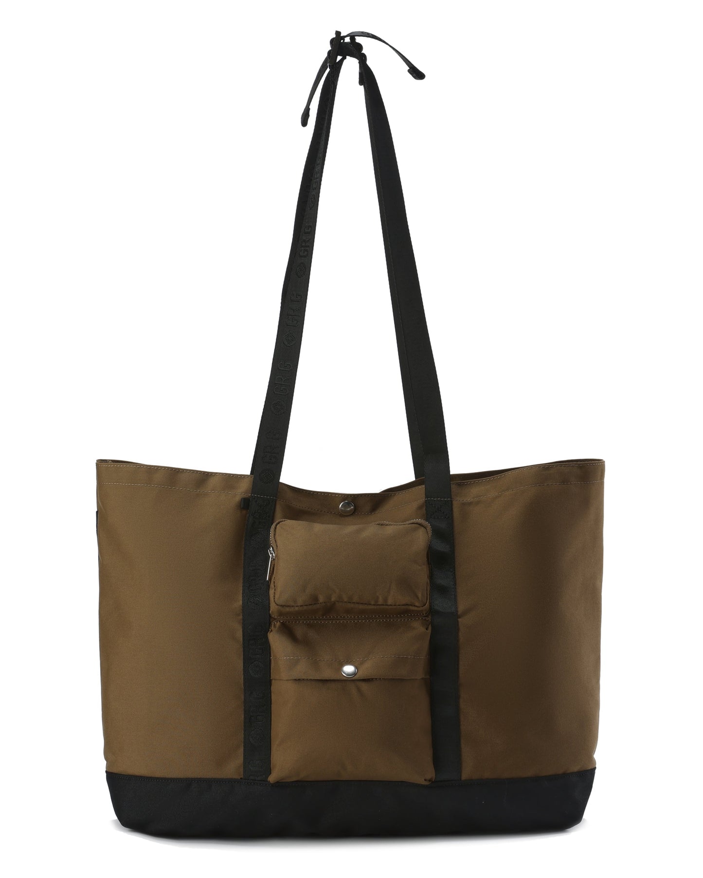 Brown tote bag with black straps on a white background