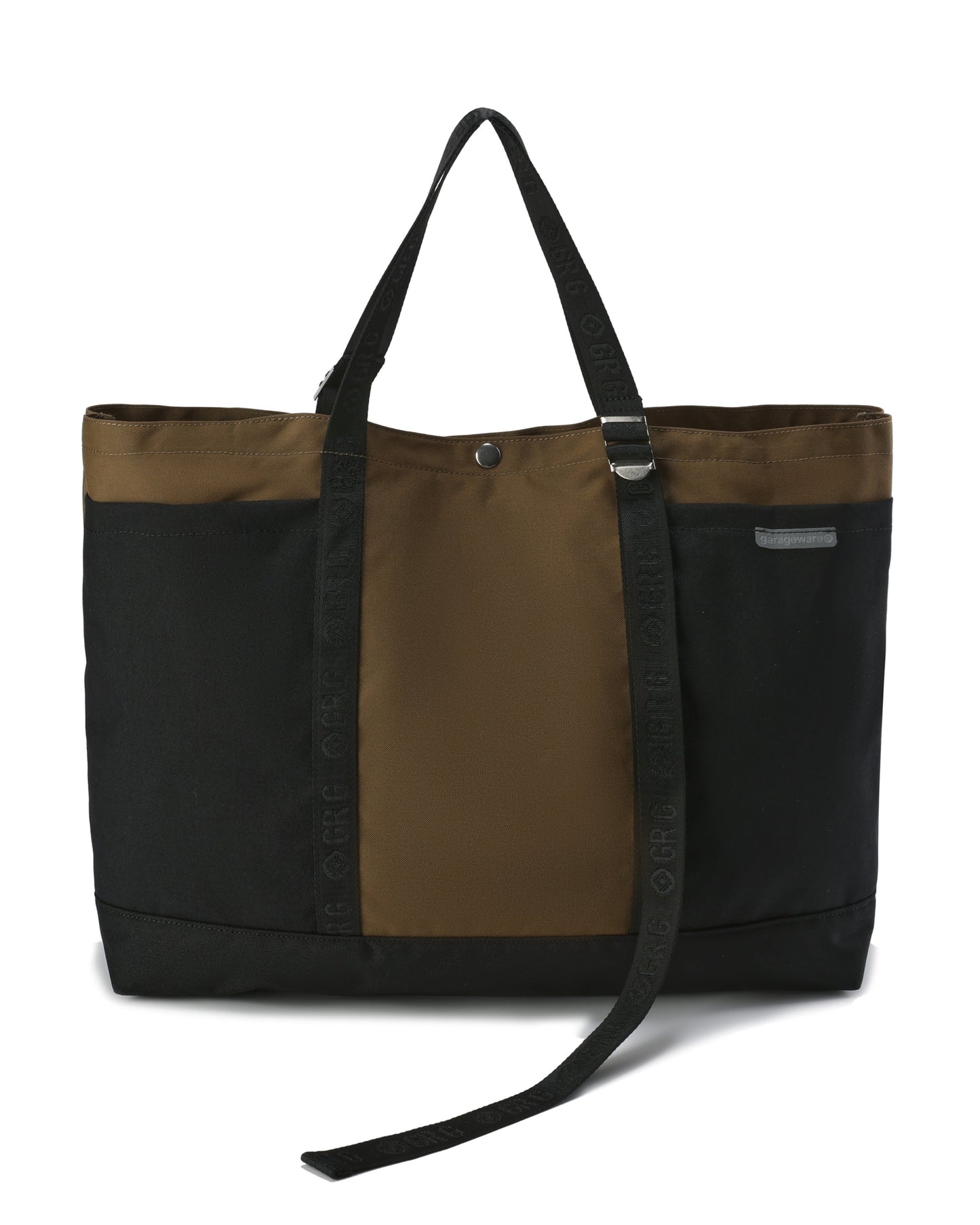 Black and brown tote bag with a strap on a white background