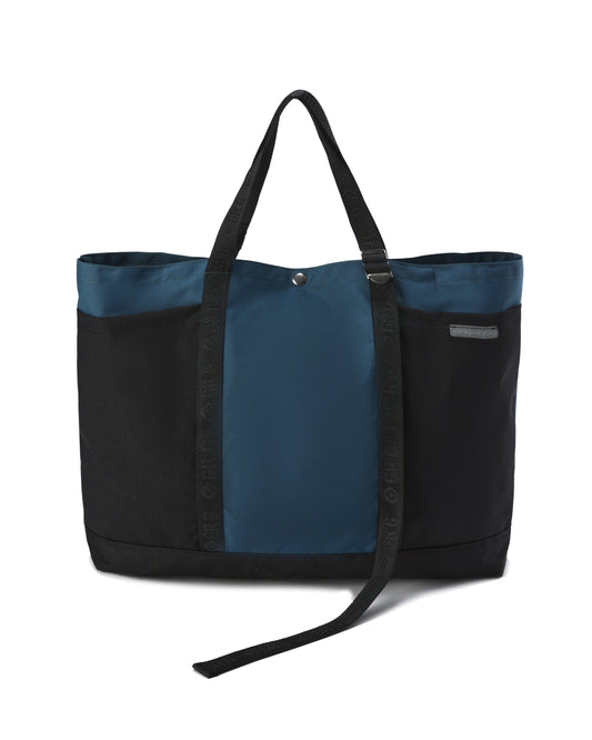 Black and blue tote bag on a white background