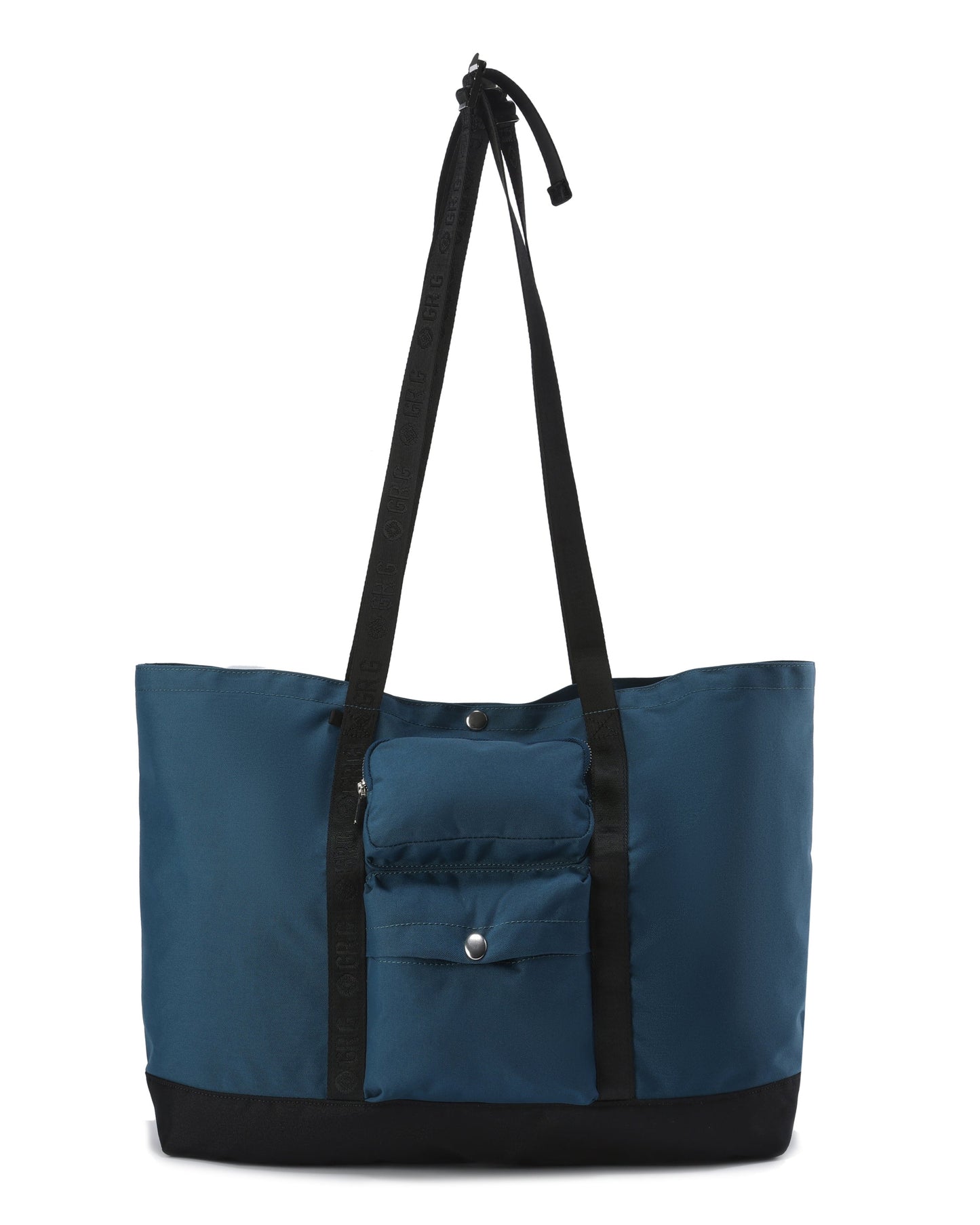 Blue tote bag with black straps on a white background